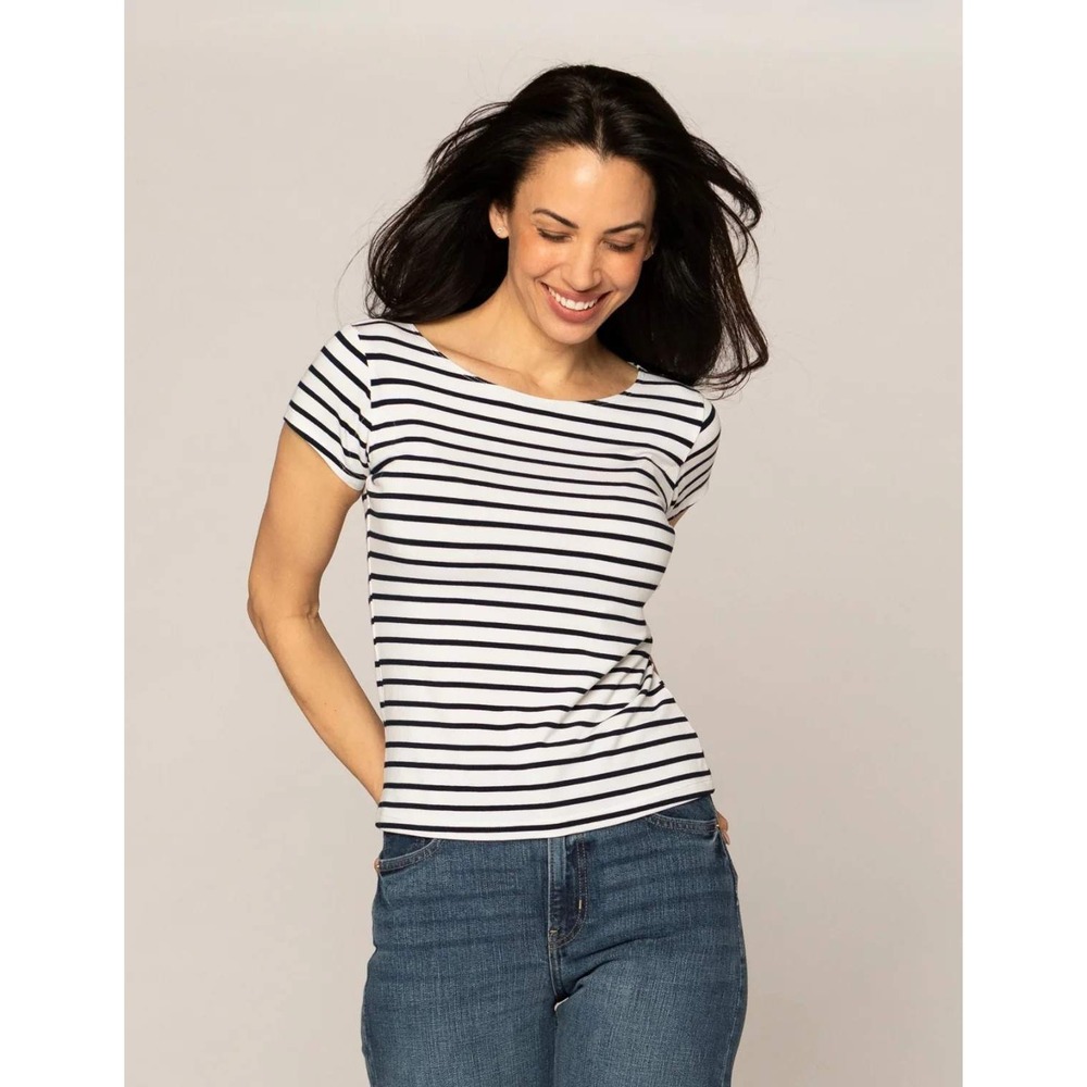 Numi The STR SS Boat Neck Cap Sleeves White Navy Stripe Medium New With Tags